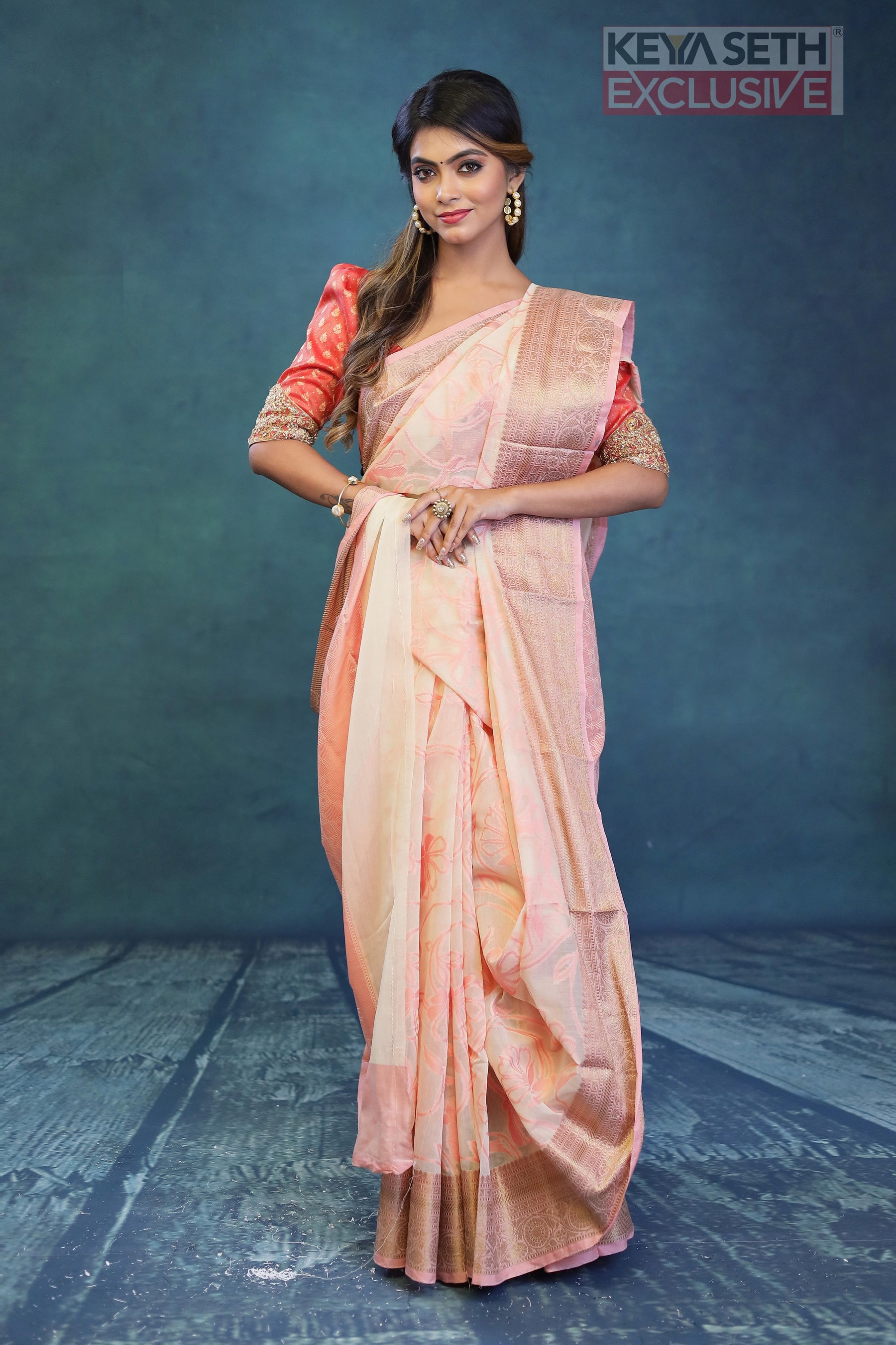 Soft Off-white and Peach Cotton Saree - Keya Seth Exclusive