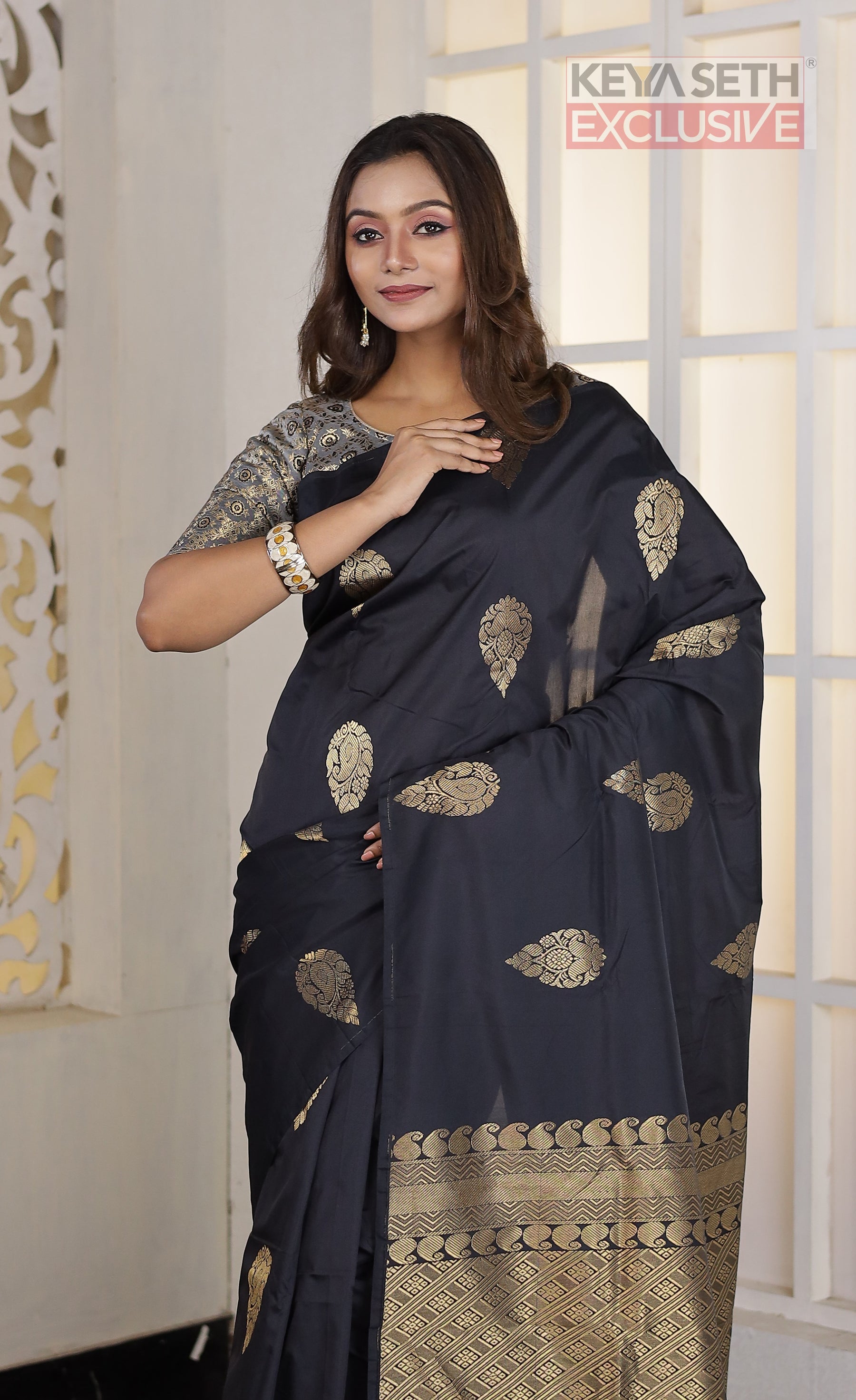 Black Borderless Kanjivaram Silk Saree - Keya Seth Exclusive