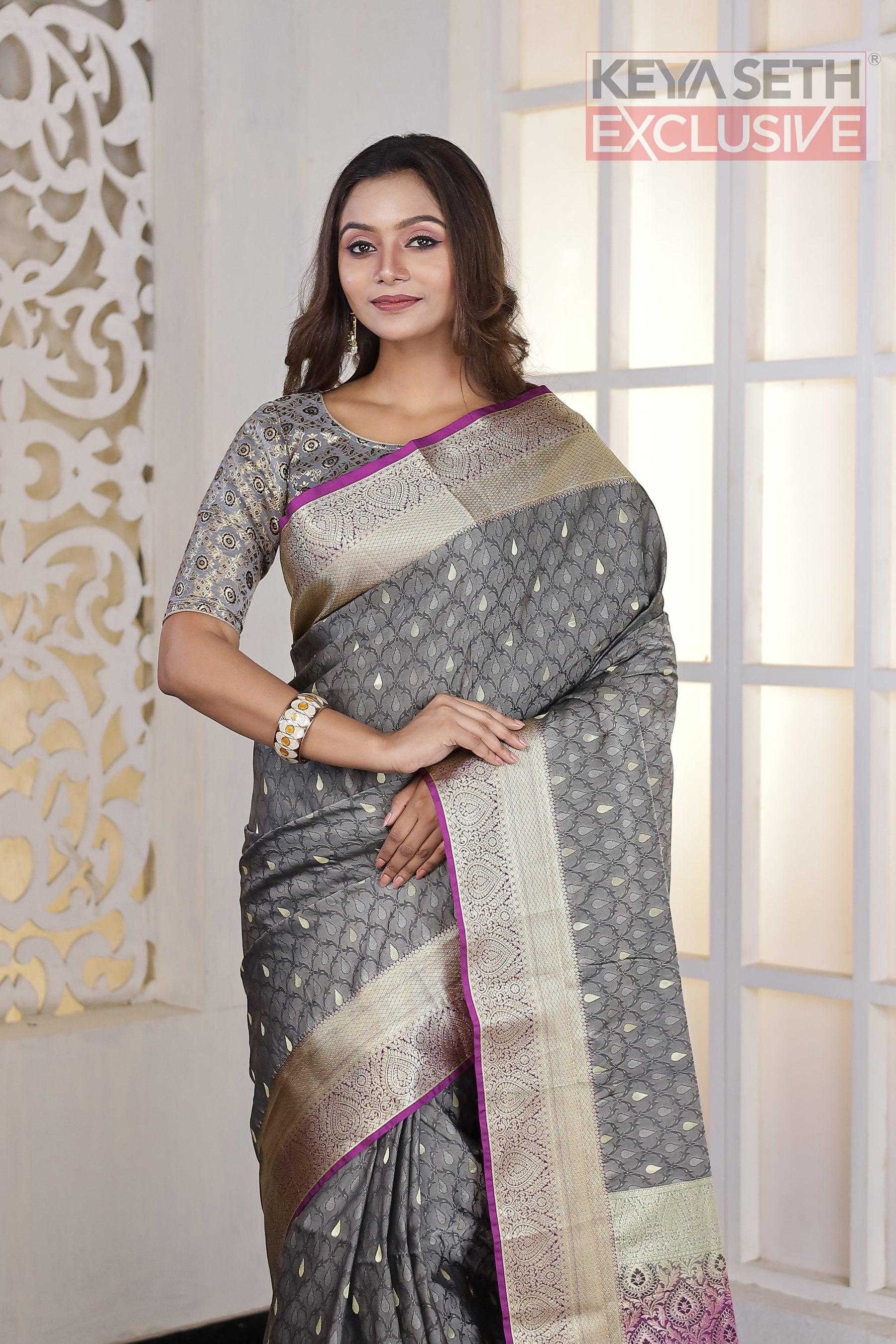 Steel Grey Arani Silk Saree - Keya Seth Exclusive