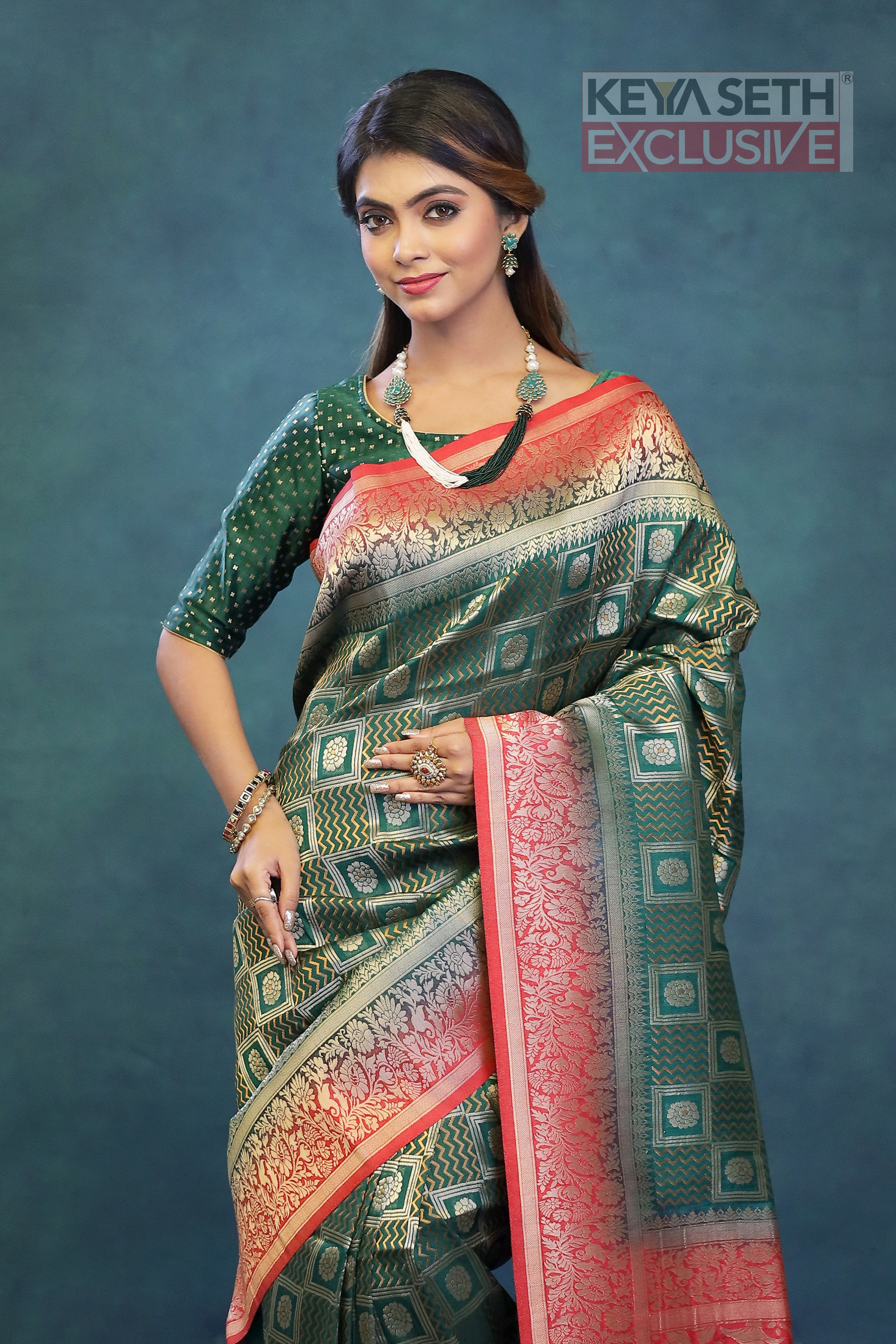 Bottle Green Dupion Silk Saree with Red Border - Keya Seth Exclusive