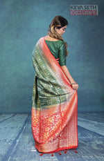 Load image into Gallery viewer, Bottle Green Dupion Silk Saree with Red Border - Keya Seth Exclusive
