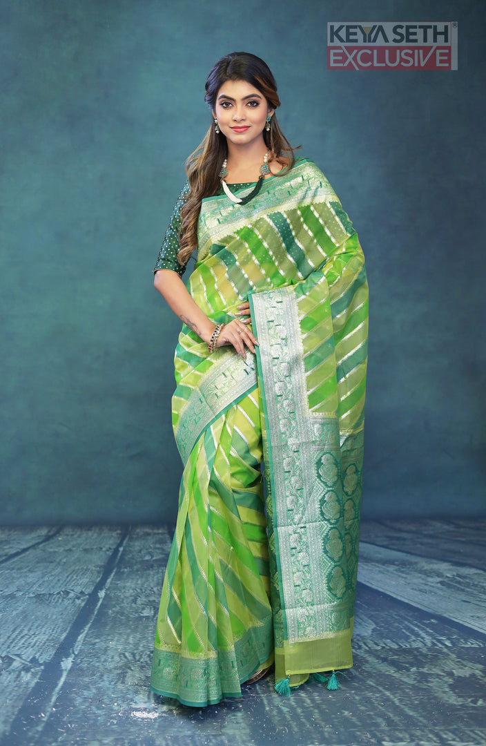 Colorful Green Organza Rangkat Saree - Keya Seth Exclusive