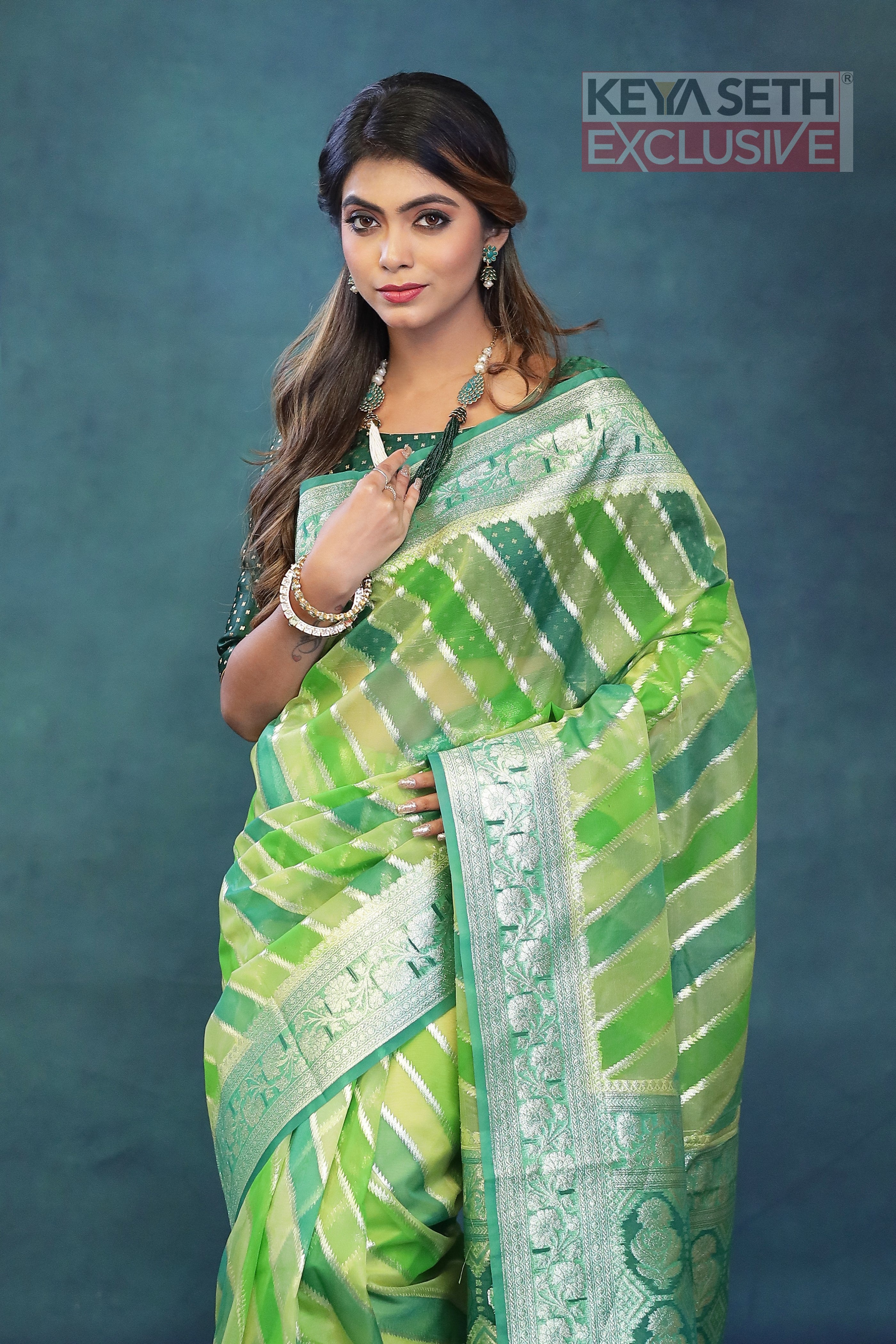 Colorful Green Organza Rangkat Saree - Keya Seth Exclusive