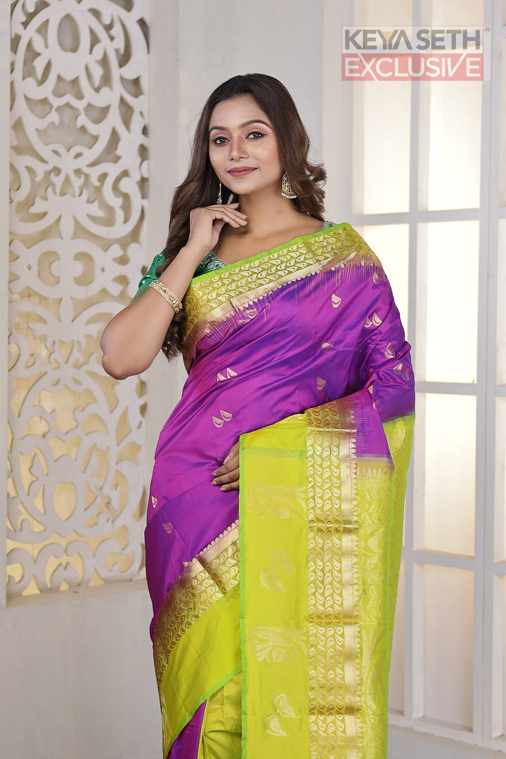 Purple Green Patli-Pallu Pure Silk Kanjivaram Saree - Keya Seth Exclusive