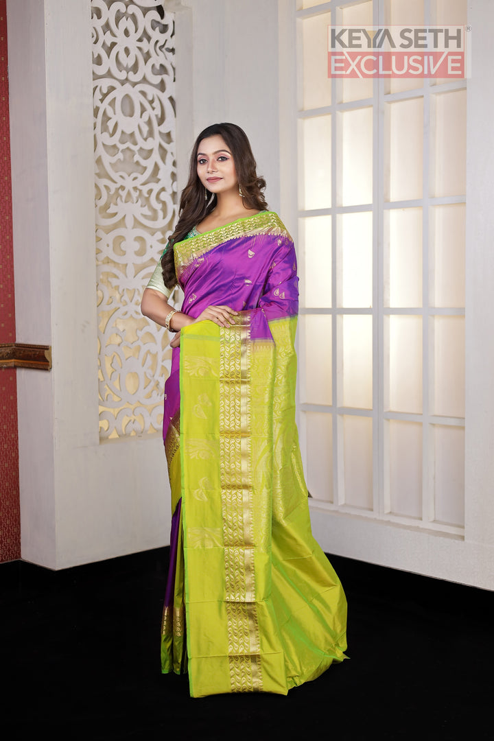 Purple Green Patli-Pallu Pure Silk Kanjivaram Saree - Keya Seth Exclusive