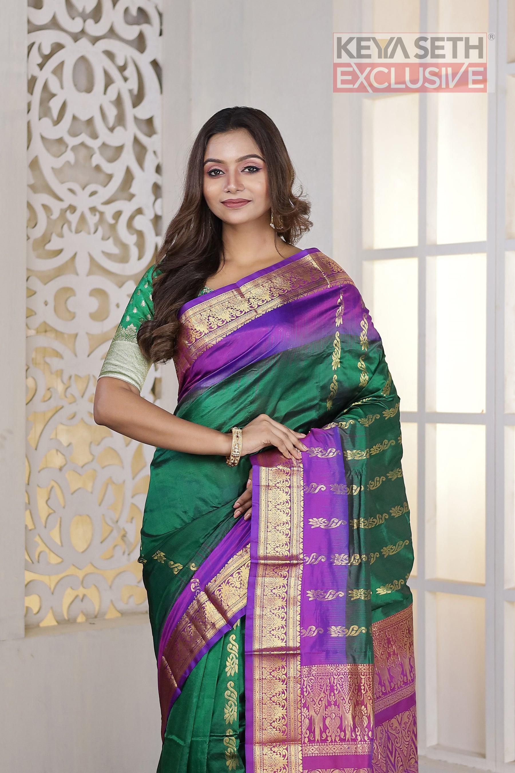 Bottle Green Purple Pure Silk Kanjivaram Saree - Keya Seth Exclusive