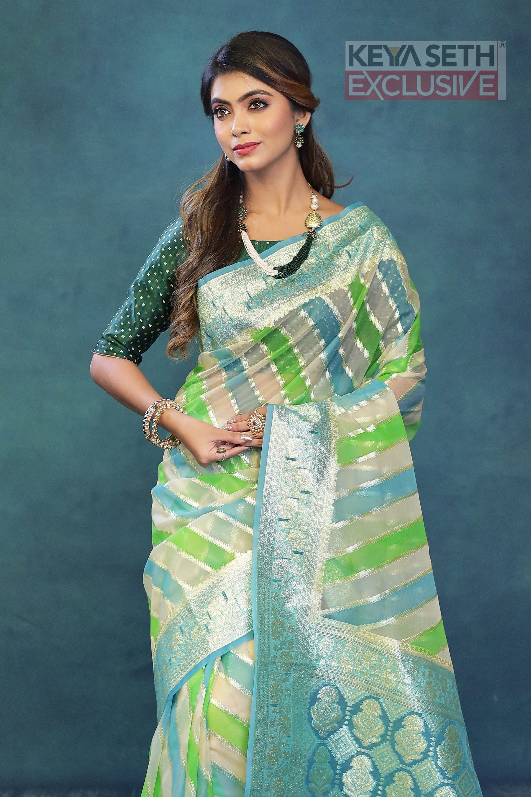 Colorful Green Off-white Organza Rangkat Saree - Keya Seth Exclusive