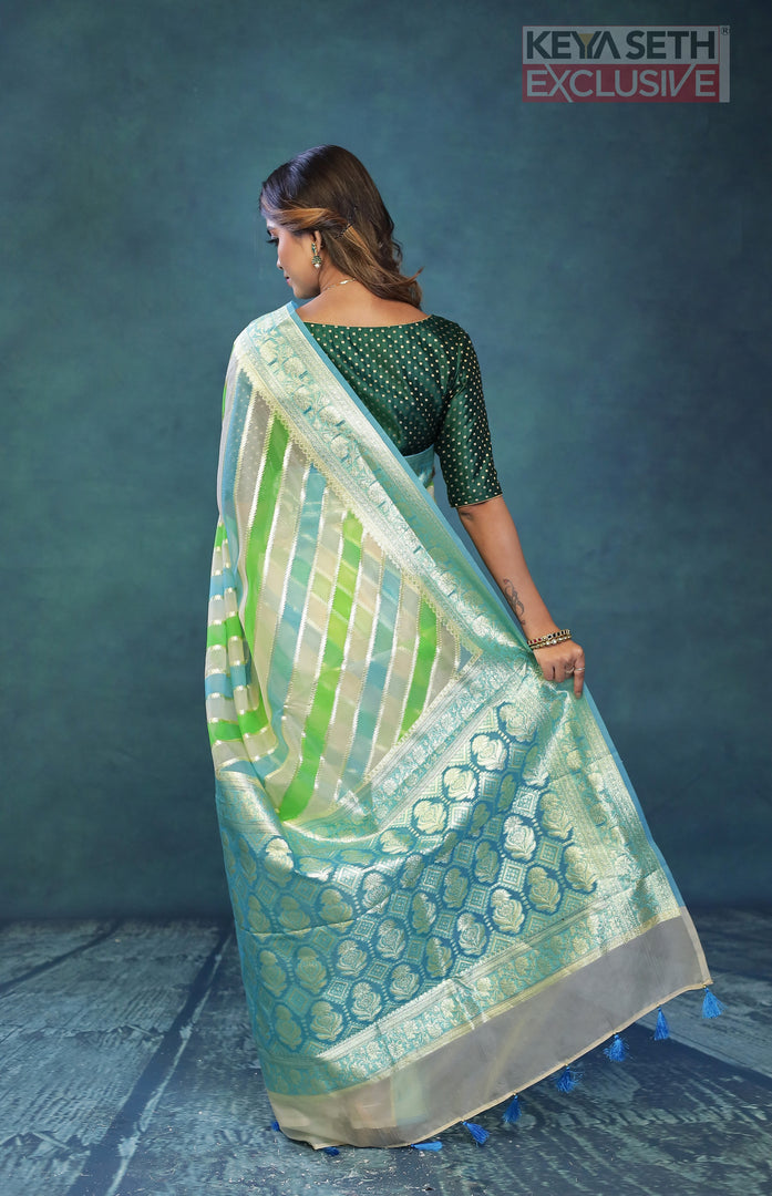 Colorful Green Off-white Organza Rangkat Saree - Keya Seth Exclusive