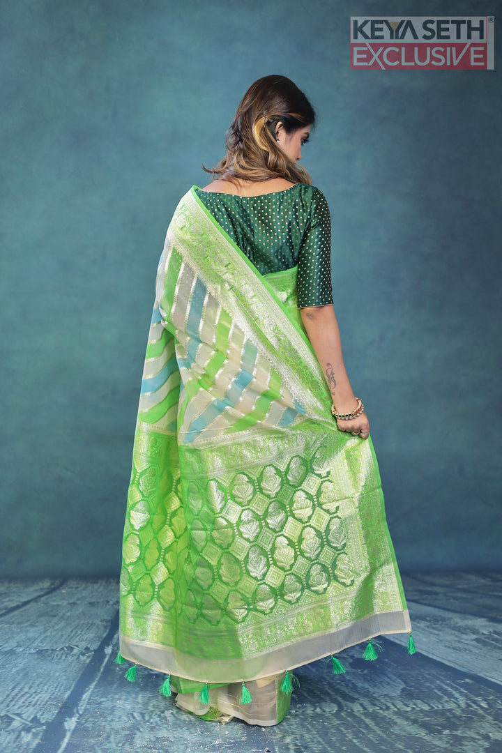 Colorful Sea Green Off-white Organza Rangkat Saree - Keya Seth Exclusive