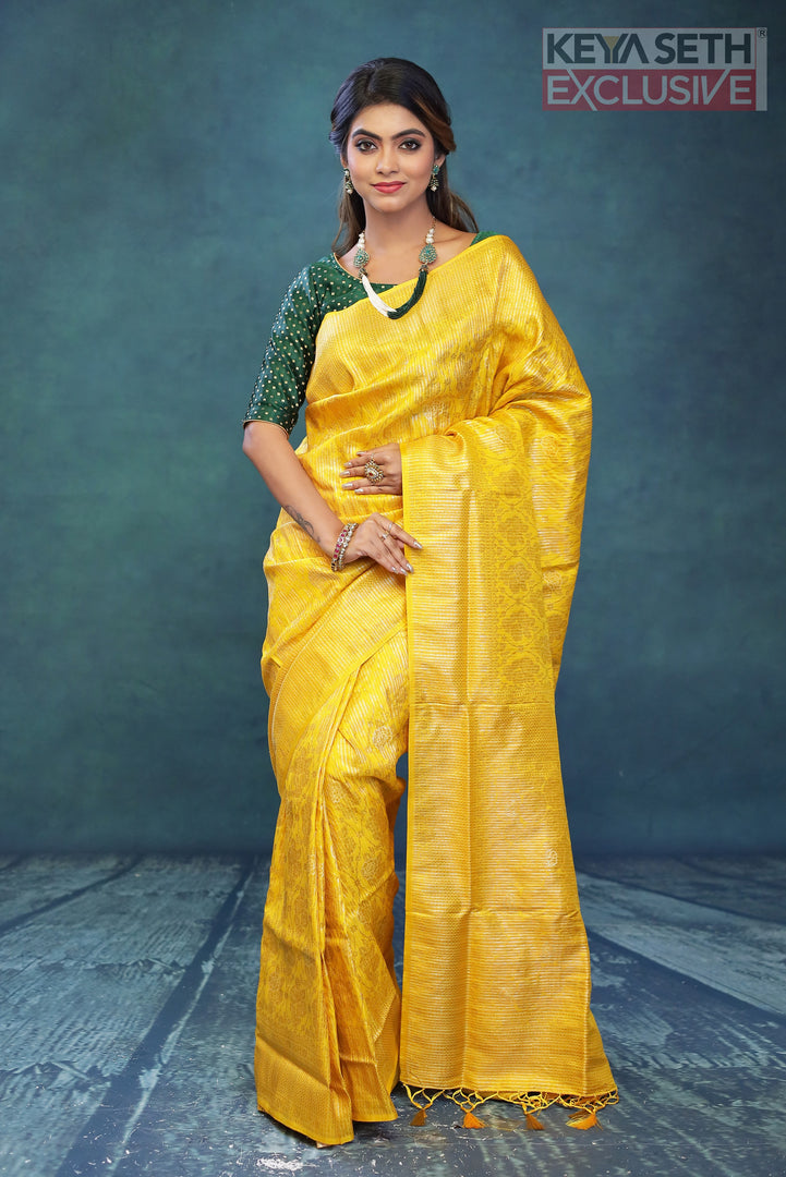 Yellow Dola Silk Saree with Golden Zari - Keya Seth Exclusive