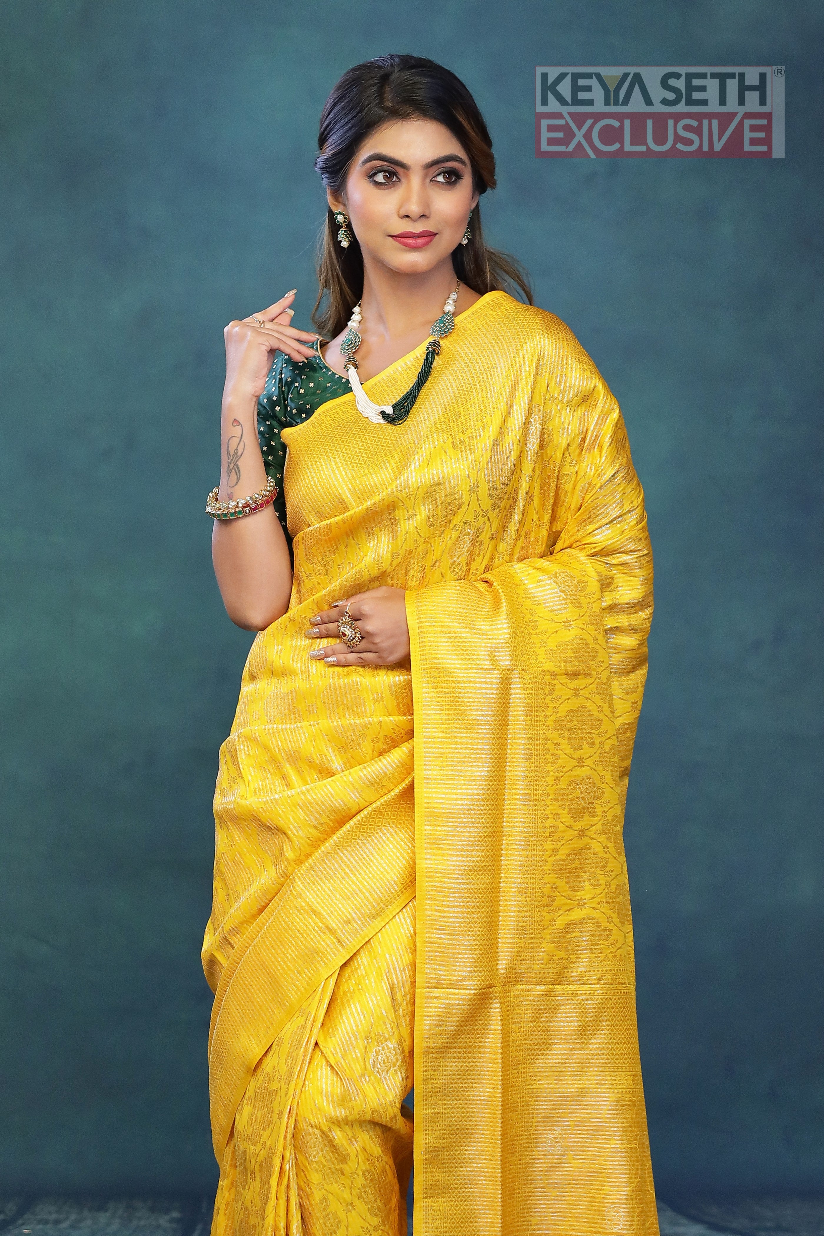 Yellow Dola Silk Saree with Golden Zari - Keya Seth Exclusive