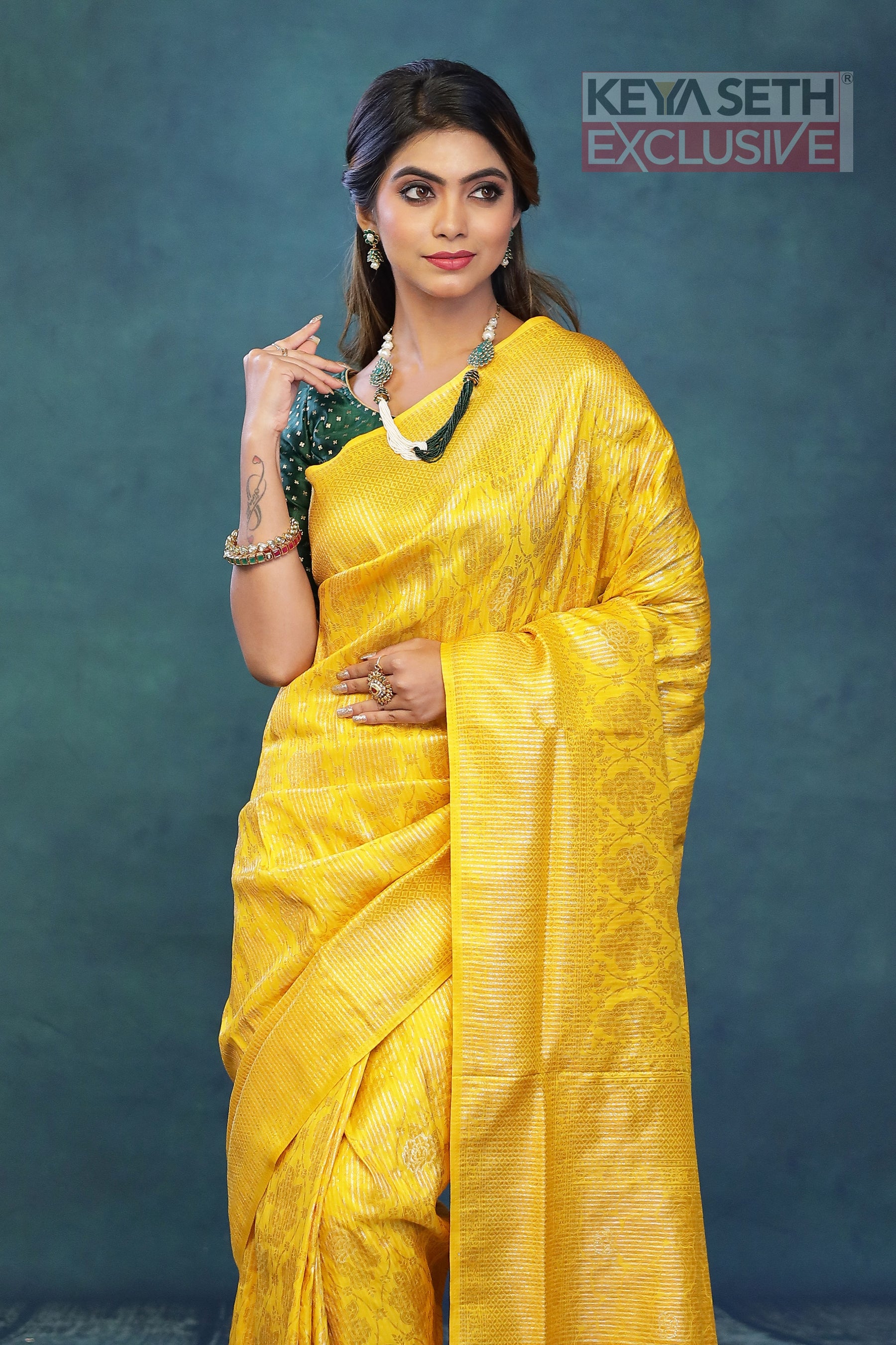 Yellow Dola Silk Saree with Golden Zari - Keya Seth Exclusive