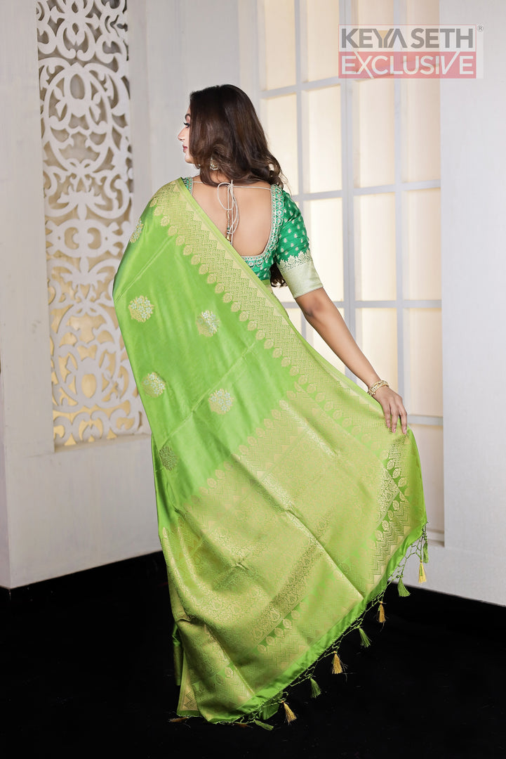 Parrot Green Satin Silk Saree - Keya Seth Exclusive