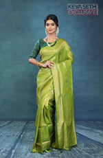 Load image into Gallery viewer, Leaf Green Dola Silk Saree with Golden Zari - Keya Seth Exclusive