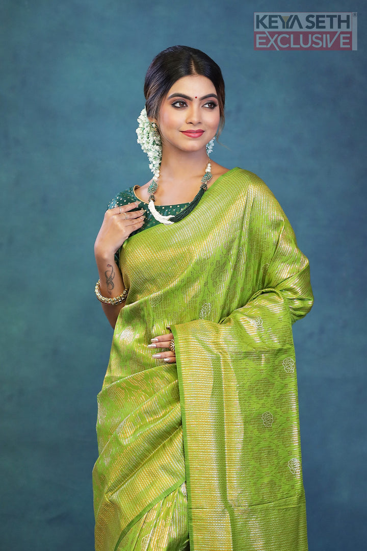 Leaf Green Dola Silk Saree with Golden Zari - Keya Seth Exclusive