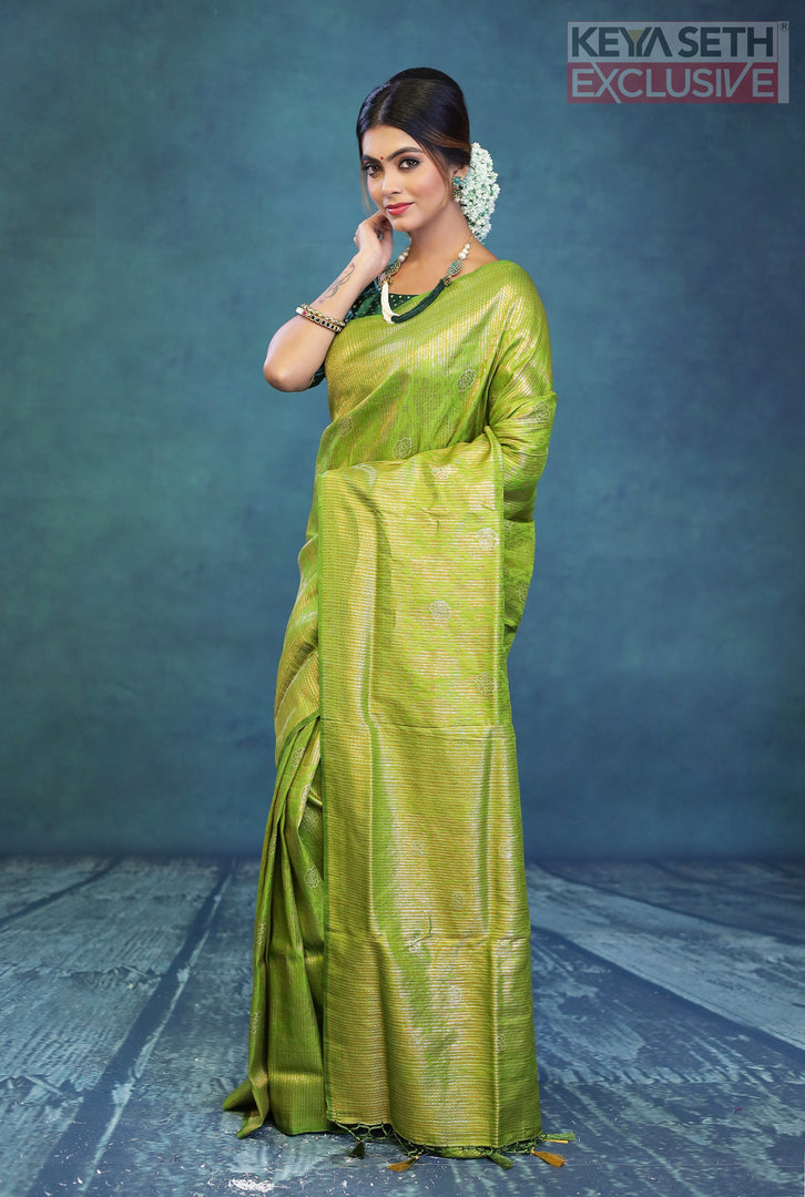 Leaf Green Dola Silk Saree with Golden Zari - Keya Seth Exclusive