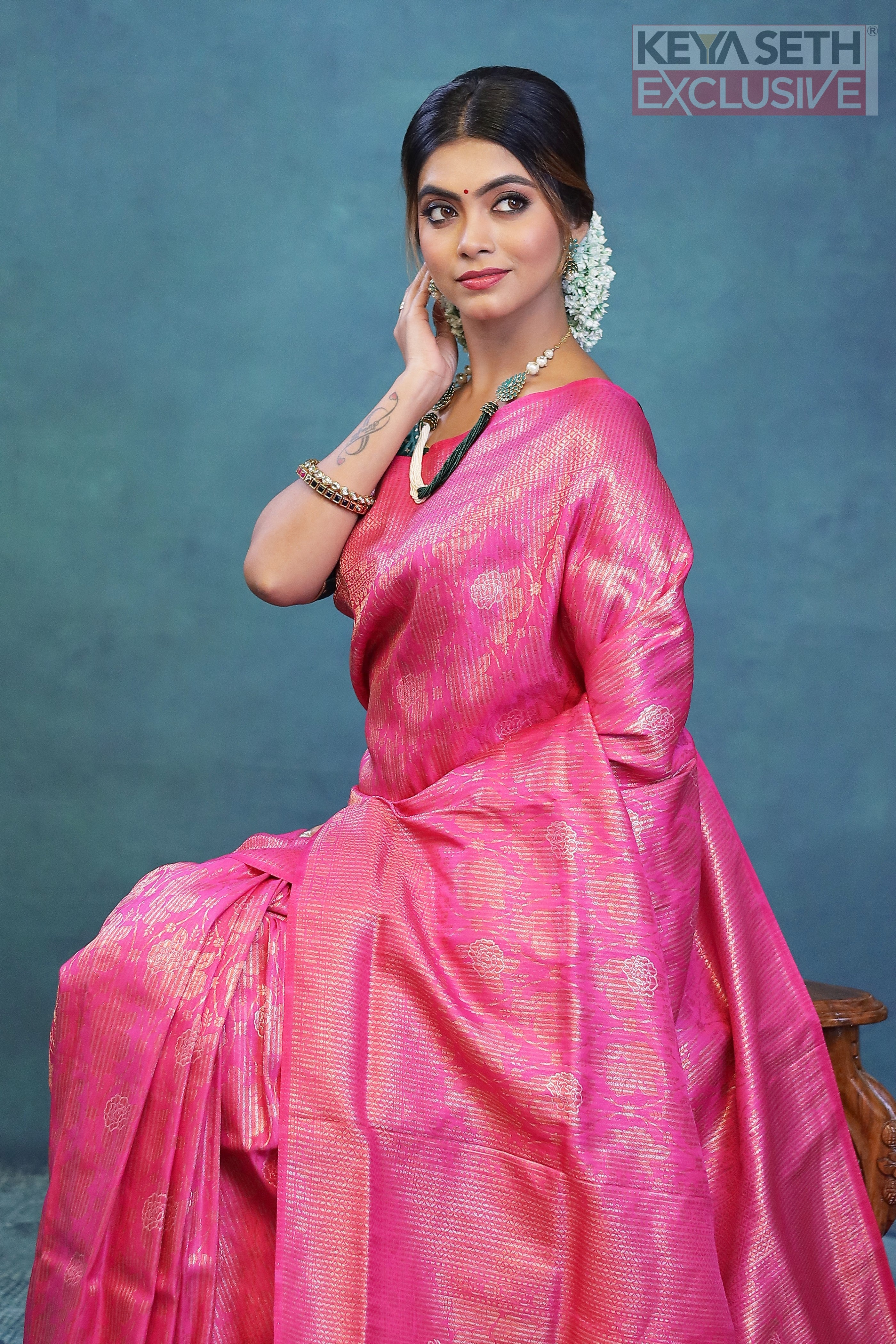 Pink Dola Silk Saree with Golden Zari - Keya Seth Exclusive