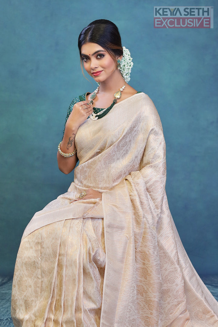 White Dola Silk Saree with Golden Zari - Keya Seth Exclusive