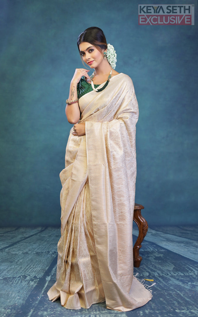 White Dola Silk Saree with Golden Zari - Keya Seth Exclusive