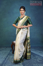 Load image into Gallery viewer, Off-white and Green Dola Silk Saree - Keya Seth Exclusive
