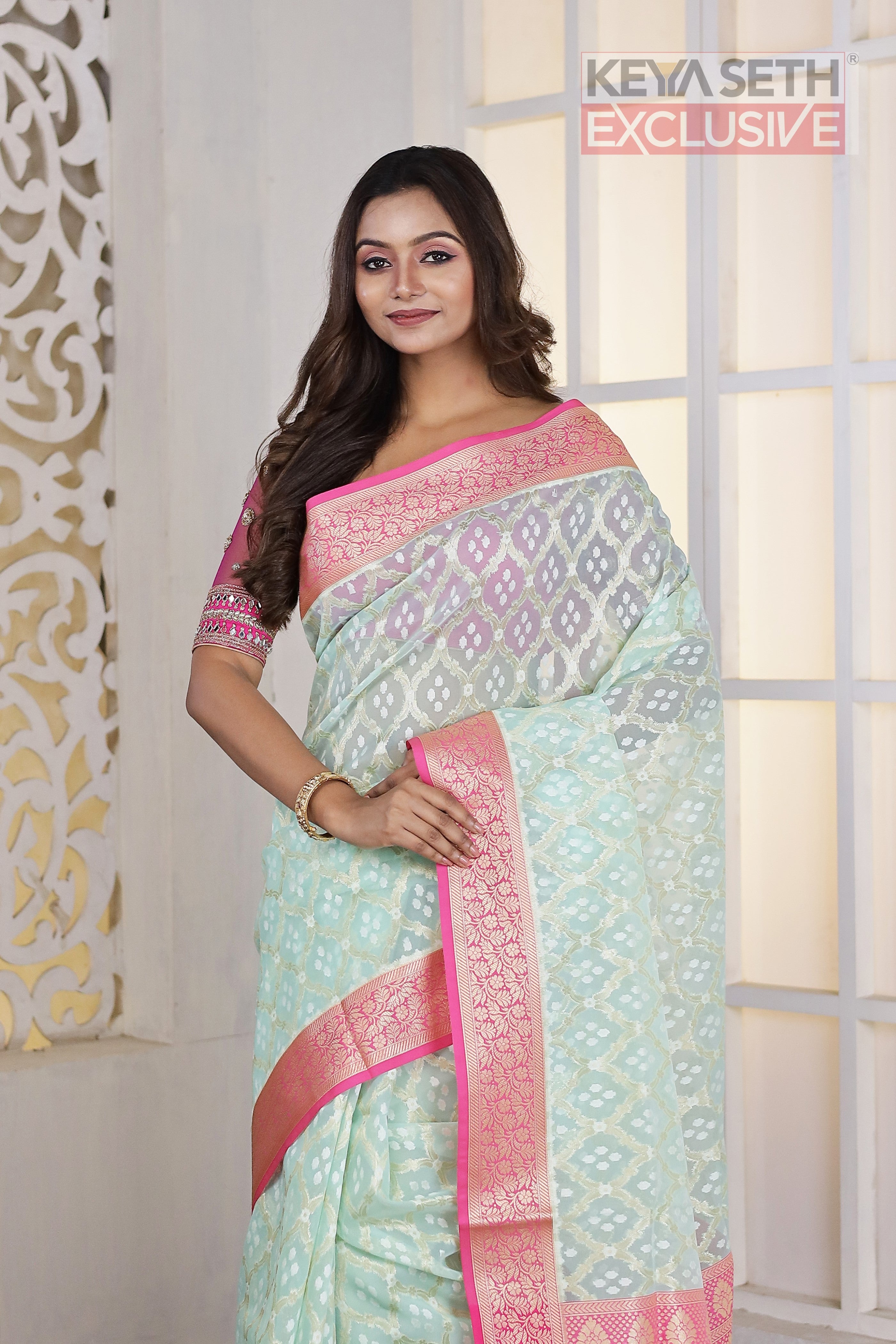 Sea Green soft Tissue Saree - Keya Seth Exclusive