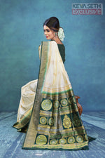 Load image into Gallery viewer, Off-white and Green Dola Silk Saree - Keya Seth Exclusive