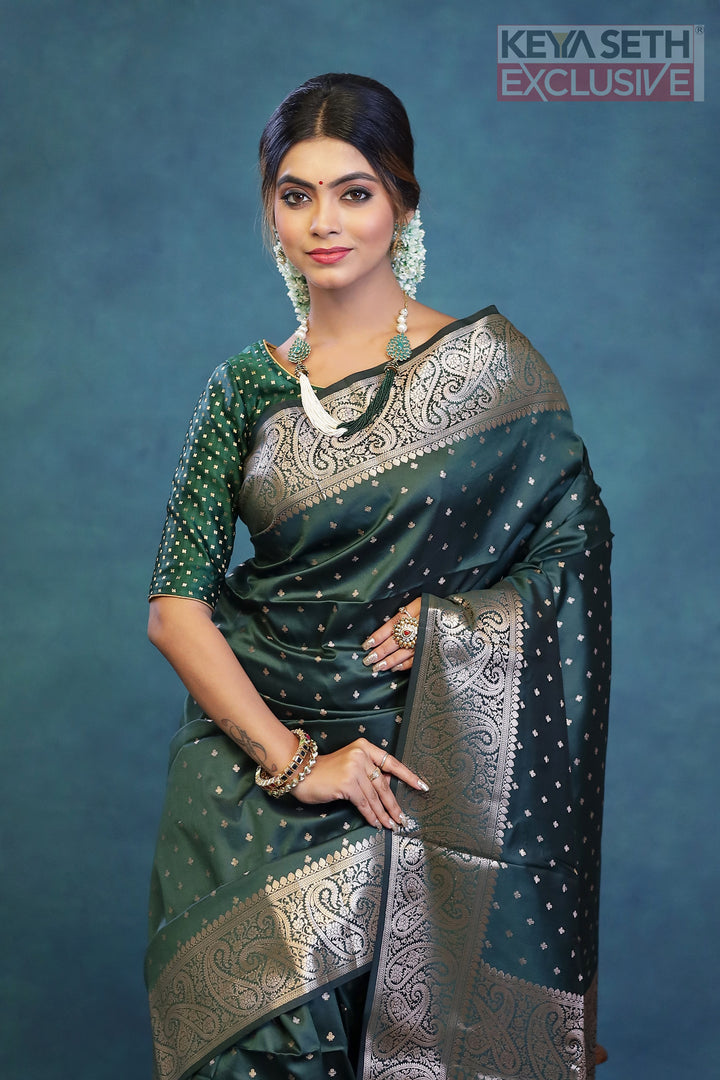 Deep Green Semi Katan Silk Saree - Keya Seth Exclusive