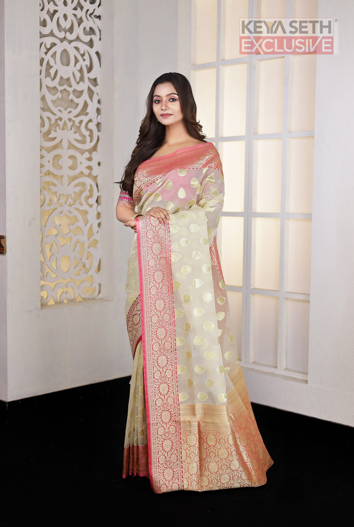 Off-white Soft Tissue Saree with Coral Pink Satin border - Keya Seth Exclusive