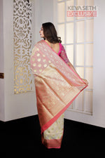 Load image into Gallery viewer, Off-white Soft Tissue Saree with Coral Pink Satin border - Keya Seth Exclusive
