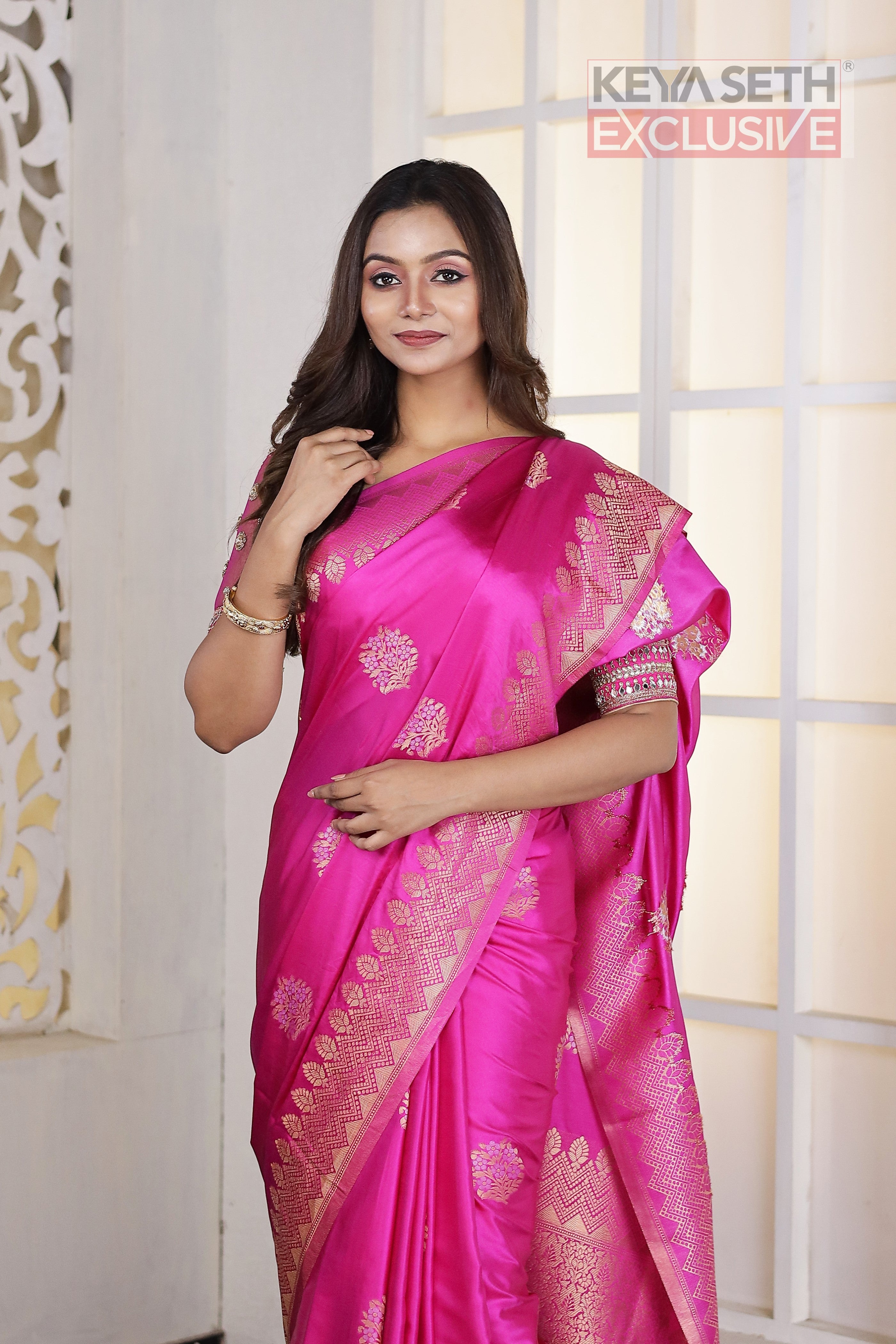 Deep Pink Satin Silk Saree - Keya Seth Exclusive