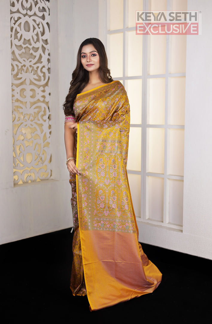 Yellow Ochre Pashmina Silk Saree - Keya Seth Exclusive