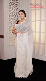 Load image into Gallery viewer, White Chikankari Fancy Organza Saree - Keya Seth Exclusive