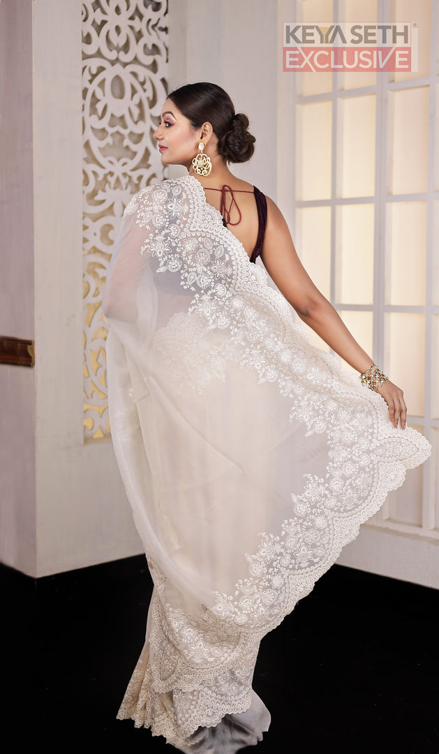 White Chikankari Fancy Organza Saree - Keya Seth Exclusive