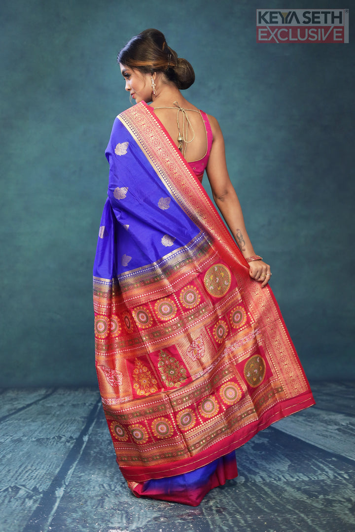Royal Blue and Red Dola Silk Saree - Keya Seth Exclusive