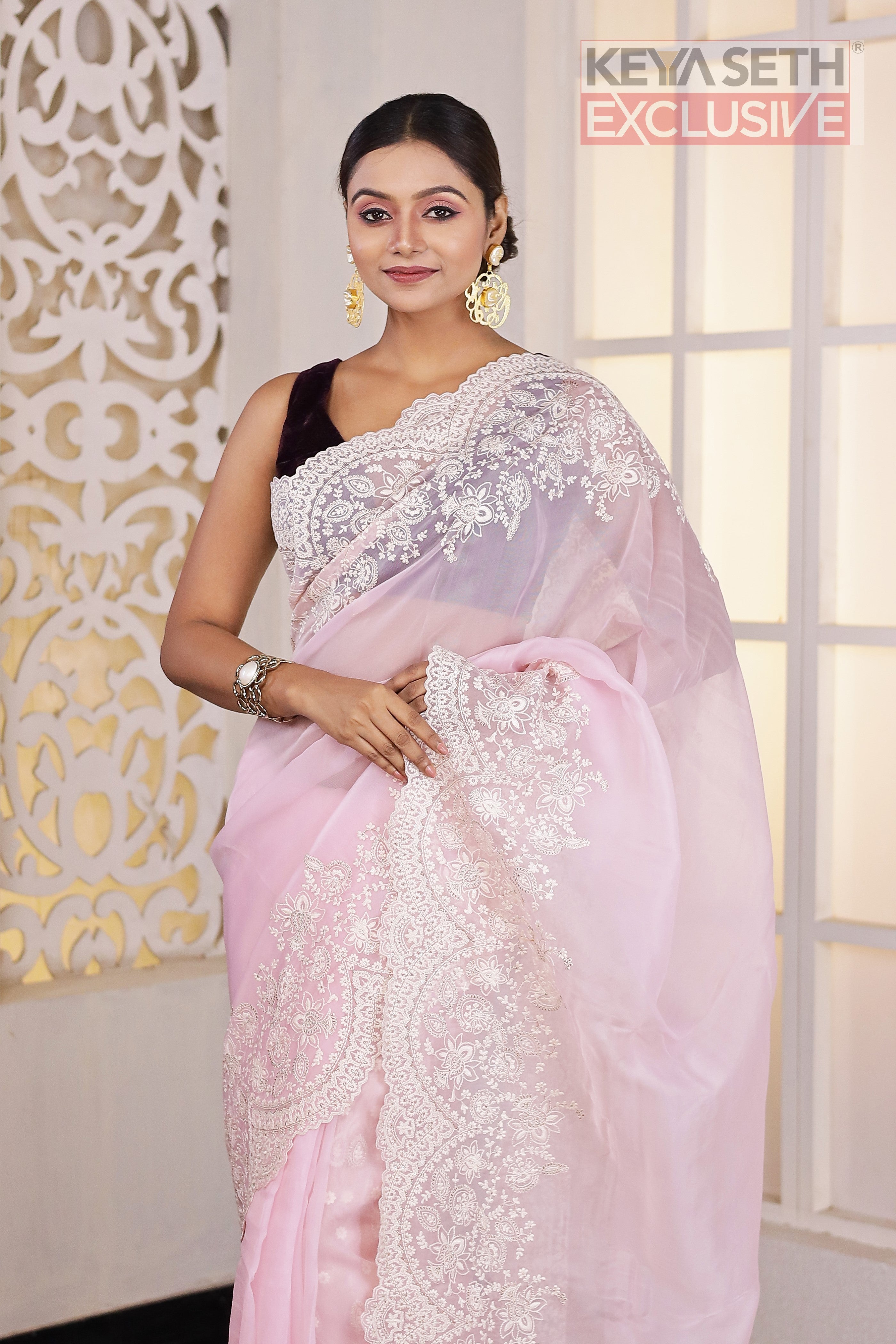 Light Pink Chikankari Fancy Organza Saree - Keya Seth Exclusive