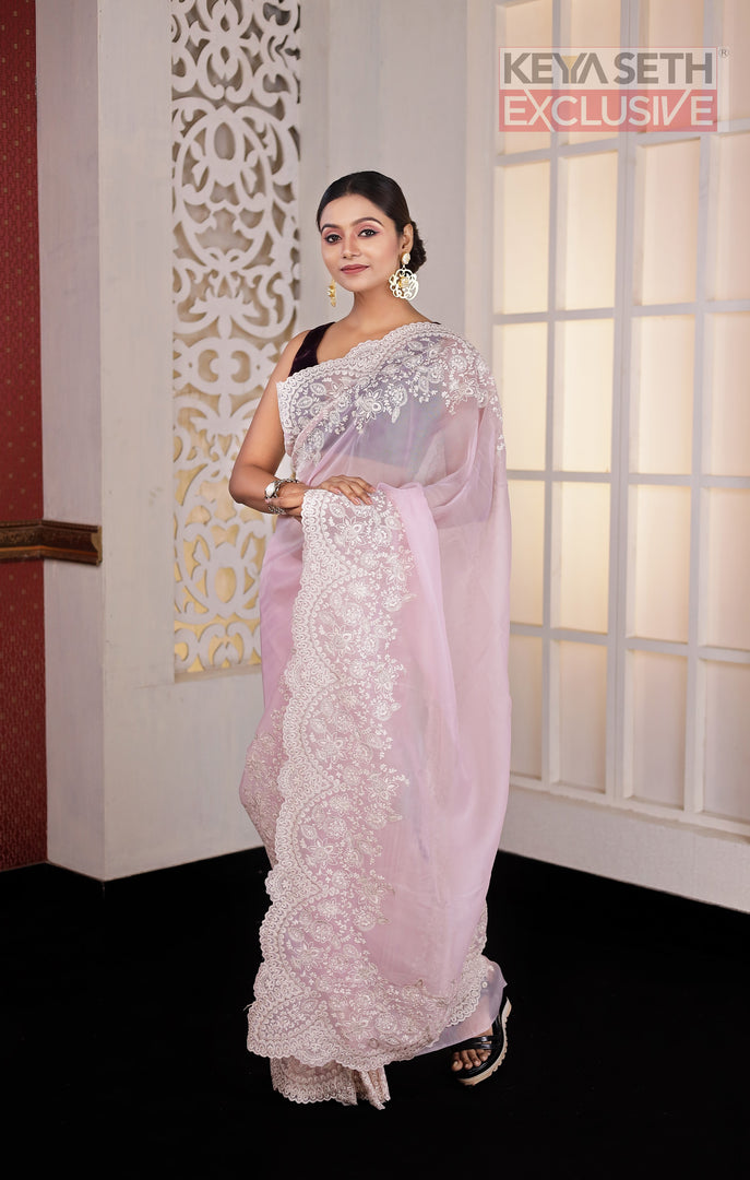Light Pink Chikankari Fancy Organza Saree - Keya Seth Exclusive