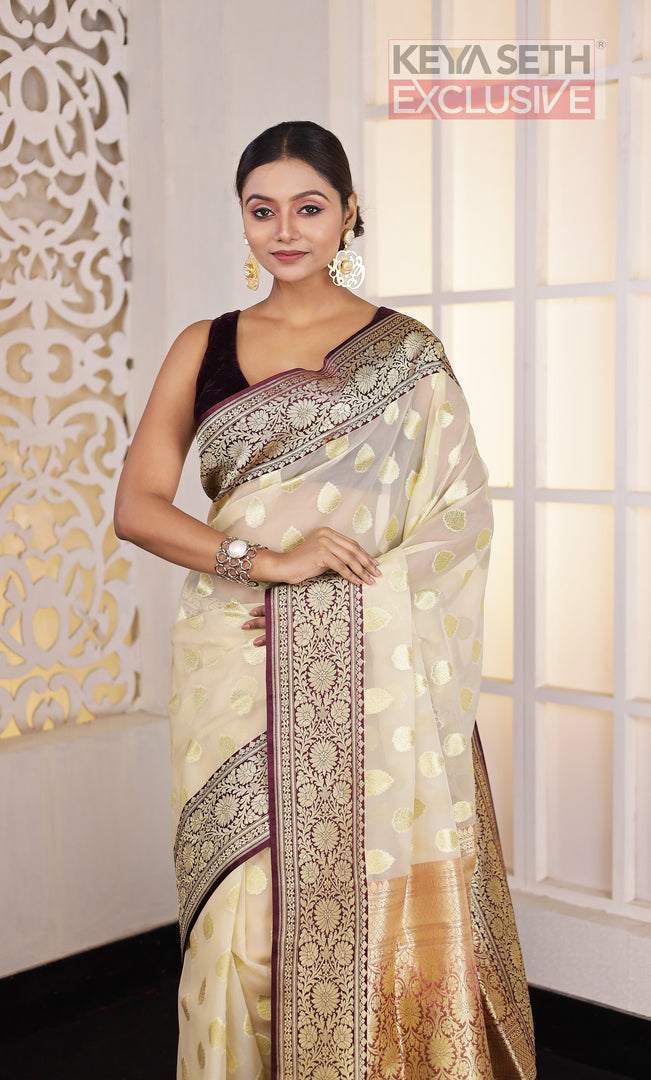 Off-white Soft Tissue Saree with Maroon Satin border - Keya Seth Exclusive