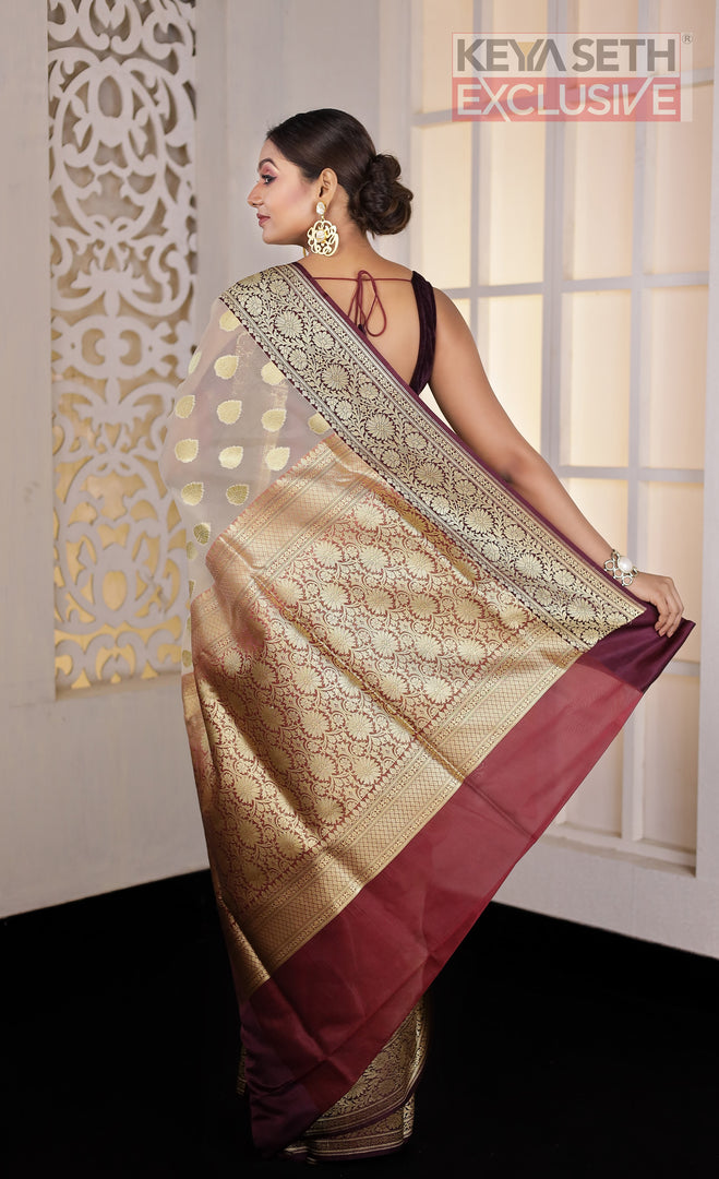 Off-white Soft Tissue Saree with Maroon Satin border - Keya Seth Exclusive
