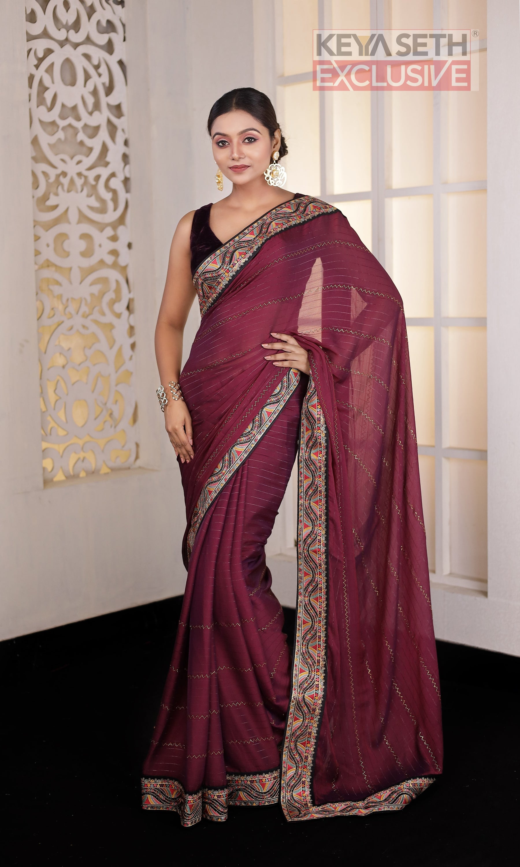 Wine Chiniya Silk Saree - Keya Seth Exclusive