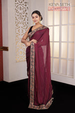Load image into Gallery viewer, Wine Chiniya Silk Saree - Keya Seth Exclusive

