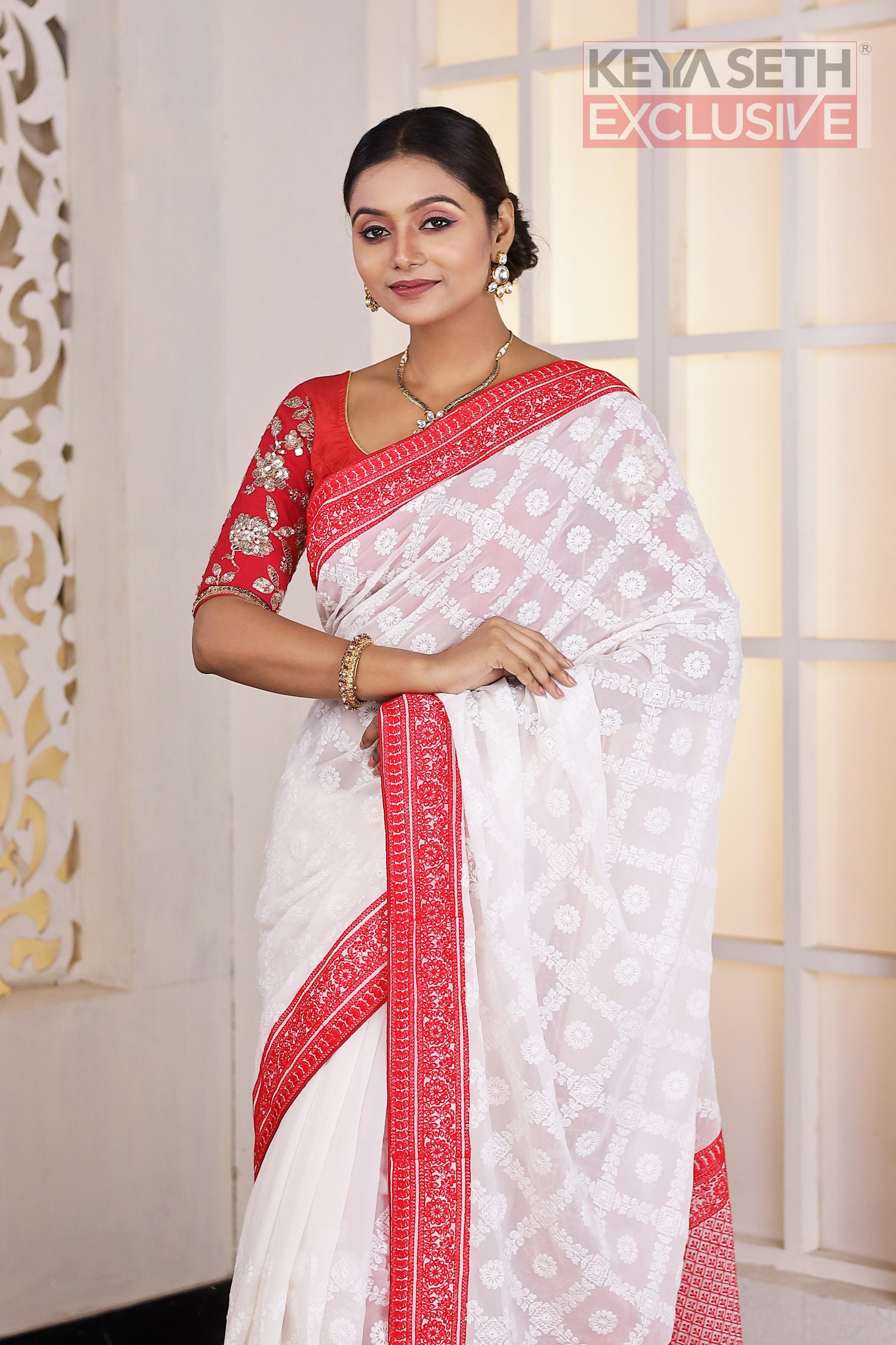 White and Red Chikankari Georgette Saree - Keya Seth Exclusive