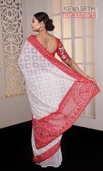 Load image into Gallery viewer, White and Red Chikankari Georgette Saree - Keya Seth Exclusive