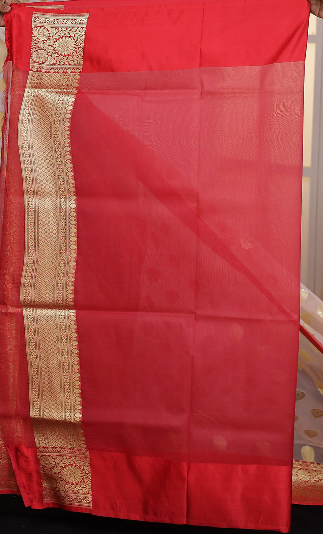 Off-white Soft Tissue Saree with Red Satin border - Keya Seth Exclusive