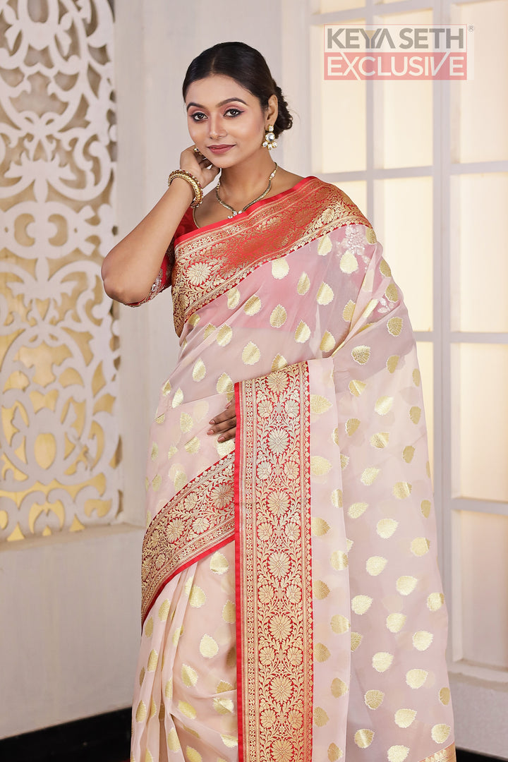 Off-white Soft Tissue Saree with Red Satin border - Keya Seth Exclusive