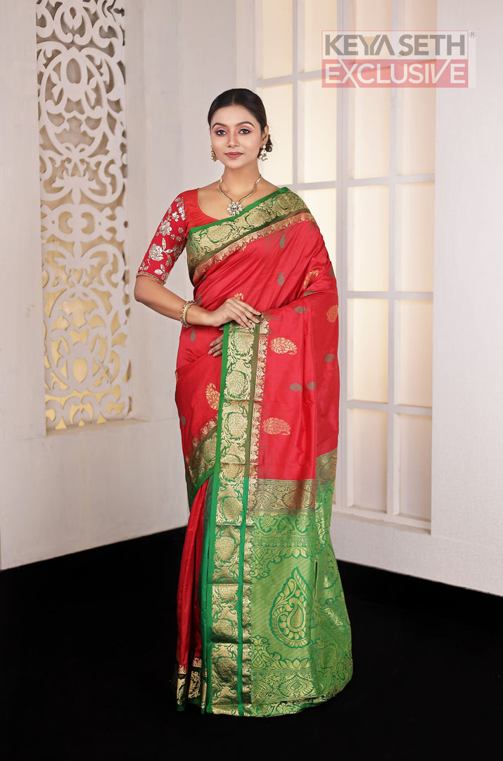 Red Green Pure Silk Kanjivaram Saree - Keya Seth Exclusive