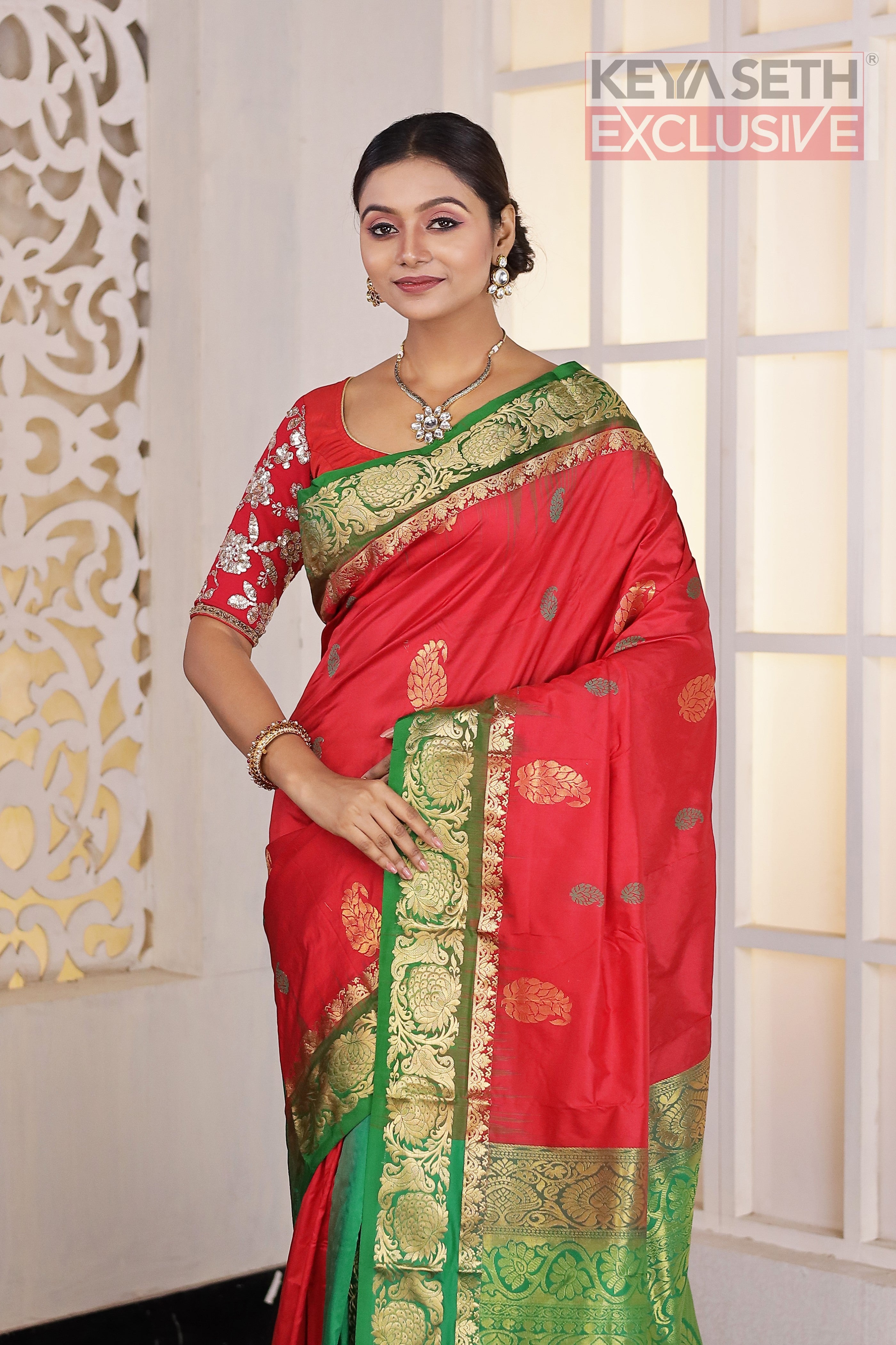 Red Green Pure Silk Kanjivaram Saree - Keya Seth Exclusive