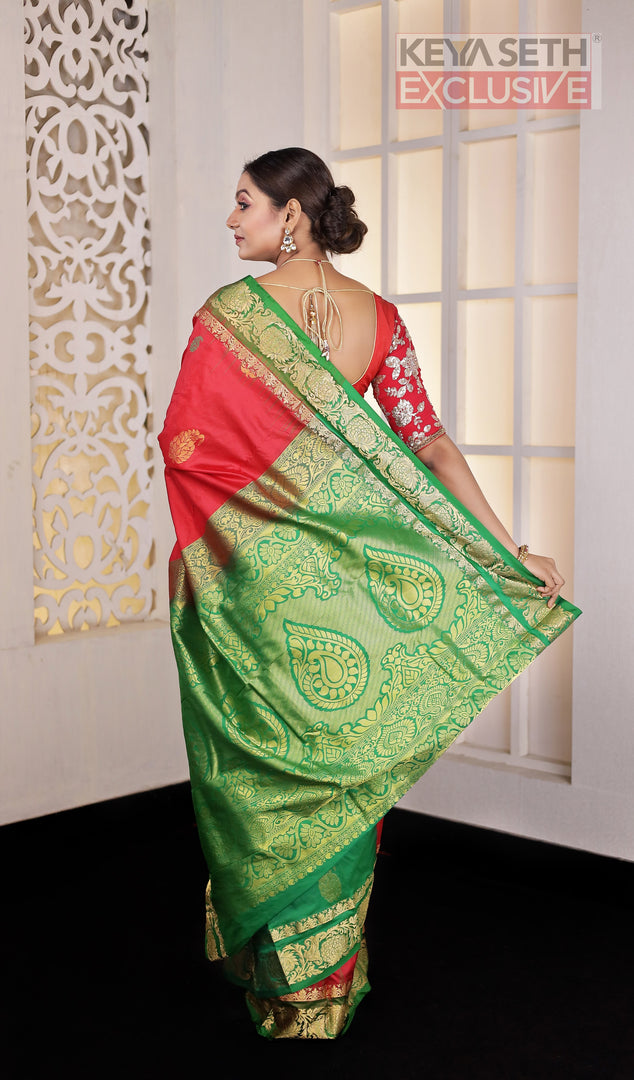 Red Green Pure Silk Kanjivaram Saree - Keya Seth Exclusive