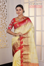 Load image into Gallery viewer, Off-white Red Pure Silk Kanjivaram Saree - Keya Seth Exclusive