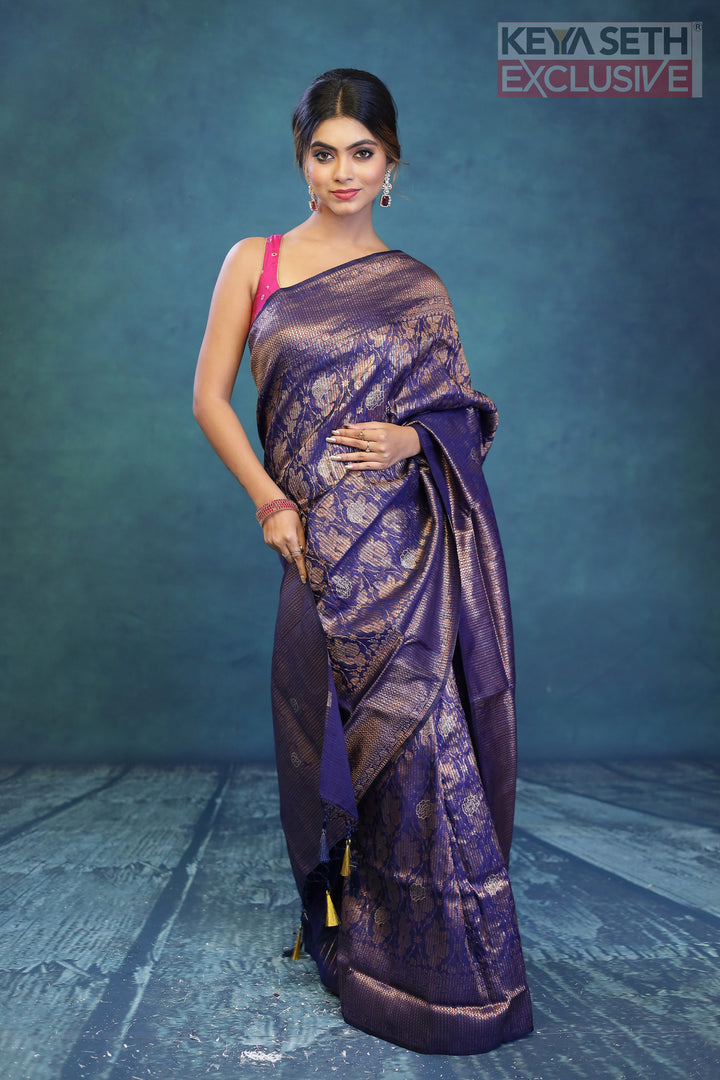 Navy Blue Dola Silk Saree with Golden Zari - Keya Seth Exclusive