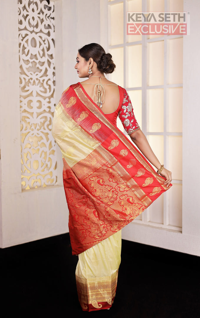 Off-white Red Pure Silk Kanjivaram Saree - Keya Seth Exclusive